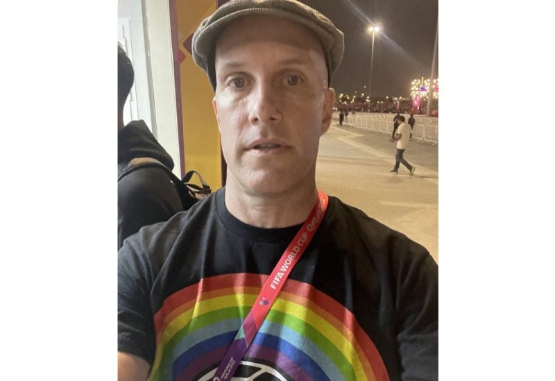 A selfie shows Grant Wahl with a t-shirt supporting LGBTQ rights, who got detained, and was allegedly forced to remove it by Qatar World Cup security, before entering the stadium in Al Rayyan, Qatar released on November 21, 2022 in this picture obtained from social media. Grant Wahl via Twitter/via REUTERS