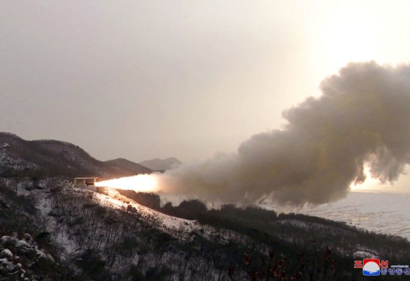 A view of a "high-thrust solid-fuel motor" test to develop a new strategic weapon, at the Sohae Satellite Launching Ground in Tongchang-ri, North Korea, December 15, 2022, in this photo released by North Korea's Korean Central News Agency (KCNA). KCNA via REUTERS