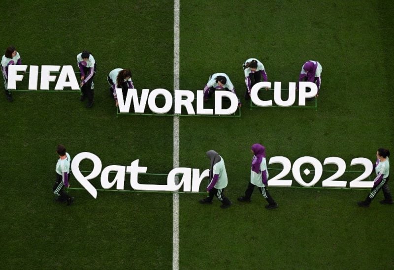 Fifa lettering is displayed at the presentation ahead of the Qatar 2022 World Cup Group H football match between South Korea and Ghana at the Education City Stadium in Al-Rayyan, west of Doha, on November 28, 2022. (AFP)