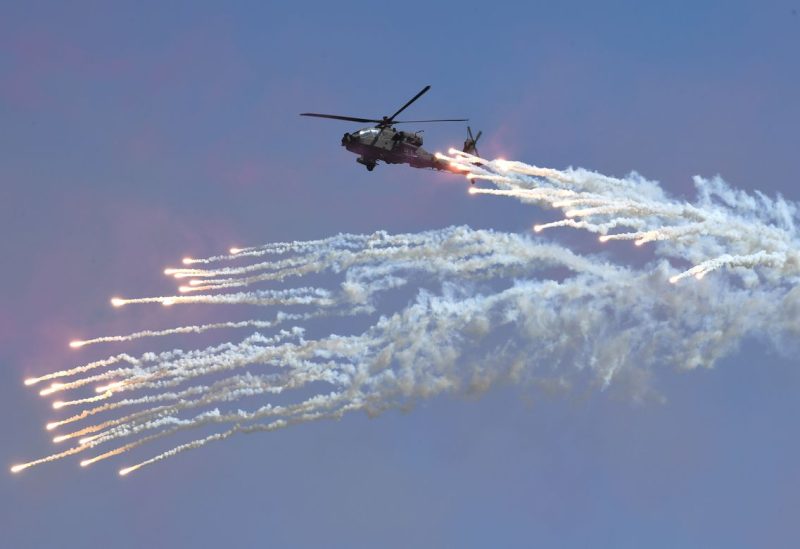 A South Korean Navy Lynx helicopter fires flares during a commemoration ceremony marking South Korea's Armed Forces Day, which will fall on October 1, at the Second Fleet Command of Navy in Pyeongtaek on September 28, 2017. REUTERS/Jung Yeon-Je/Pool