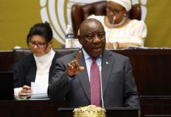 South African President Cyril Ramaphosa reacts to National Assembly members' questions in parliament in Cape Town, South Africa, November 3, 2022. REUTERS/Esa Alexander