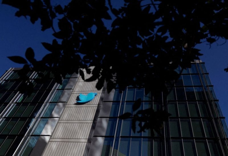 A view of the Twitter logo at its corporate headquarters in San Francisco, California, U.S. November 18, 2022. REUTERS/Carlos Barria/File Photo