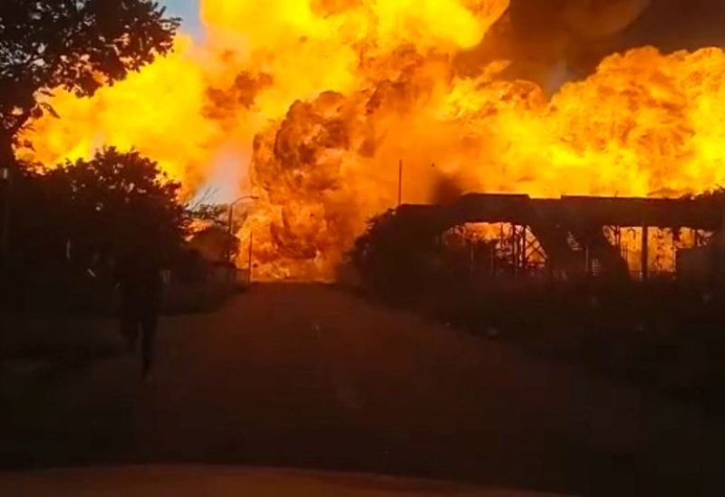 A gas tanker explodes, in Boksburg, South Africa December 24, 2022, in this screen grab from a video obtained by Reuters. AAA Security Group/via REUTERS