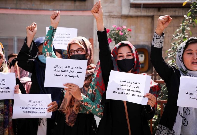 Afghan women's rights defenders and civil activists protest to call on the Taliban for the preservation of their achievements and education, in front of the presidential palace in Kabul, Afghanistan September 3, 2021. REUTERS