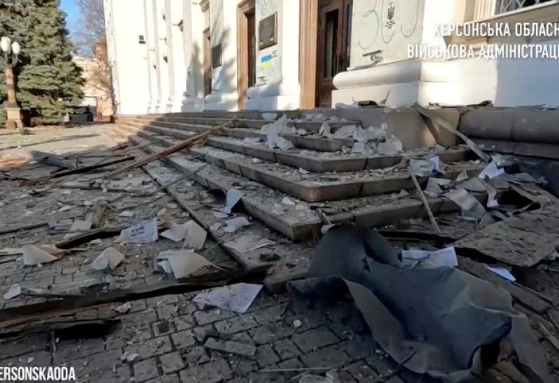 FILE PHOTO: View of the damage at Svobody Square after the landmark Kherson Regional State Administration building was reportedly hit by rocket fire by Russia amid their ongoing invasion in Kherson, Ukraine in this still image from video released December 14, 2022. Ukrainian forces recaptured the city from Russia in November. Kherson Regional State Administration/Handout via REUTERS THIS IMAGE HAS BEEN SUPPLIED BY A THIRD PARTY. NO RESALES. NO ARCHIVES/File Photo