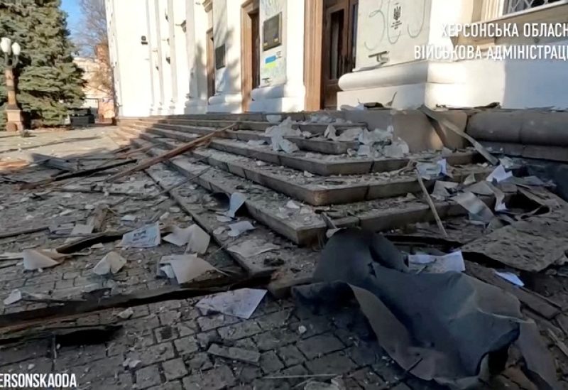 FILE PHOTO: View of the damage at Svobody Square after the landmark Kherson Regional State Administration building was reportedly hit by rocket fire by Russia amid their ongoing invasion in Kherson, Ukraine in this still image from video released December 14, 2022. Ukrainian forces recaptured the city from Russia in November. Kherson Regional State Administration/Handout via REUTERS THIS IMAGE HAS BEEN SUPPLIED BY A THIRD PARTY. NO RESALES. NO ARCHIVES/File Photo