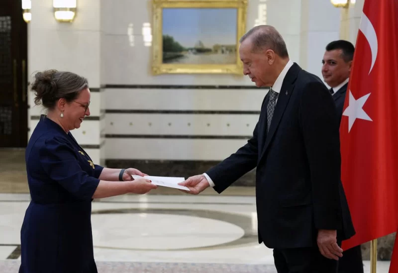 Turkish President Tayyip Erdogan receives the letter of credence from Israel's new ambassador to Ankara, Irit Lillian, in Ankara, Turkey December 27, 2022.?Presidential Press Office/Handout via REUTERS
