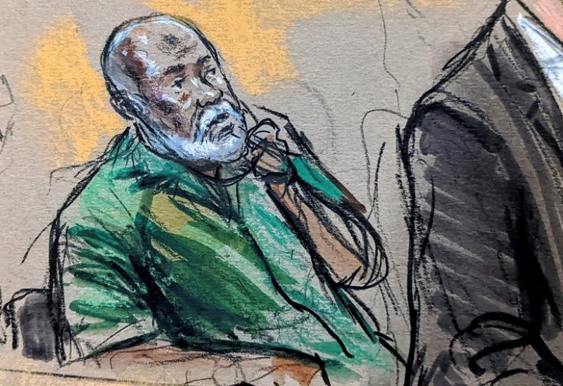 Abu Agila Mohammad Mas'ud Kheir Al-Marimi, also known as Mohammed Abouajela Masud, accused of making the bomb that blew up Pan Am flight 103 over Lockerbie in Scotland in 1988, is shown listening in this courtroom sketch drawn during an initial court appearance in U.S. District Court in Washington, U.S. December 12, 2022. REUTERS/Bill Hennessy NO RESALES. NO ARCHIVES. WASHINGTON AREA OUT. WASHINGTON POST OUT. TPX IMAGES OF THE DAY