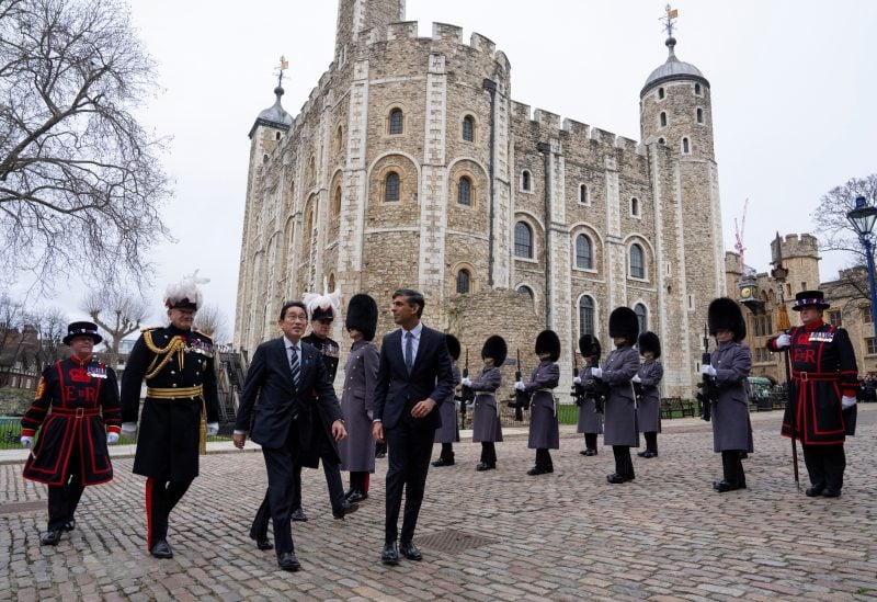 Britain's Prime Minister, Rishi Sunak and Japan's Prime Minister, Fumio Kishida, arrive at the Tower of London on January 11, 2023 in London, England. Carl Court/Pool via REUTERS