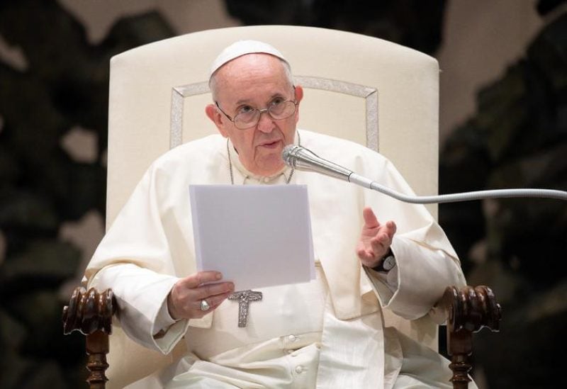 Pope Francis speaks during the weekly general audience at the Paul VI Audience Hall at the Vatican, August 18, 2021. Vatican Media/Handout via REUTERS