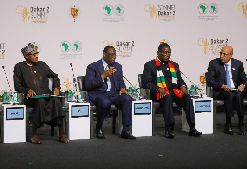 Senegal's President Macky Sall speaks while his counterparts from Nigeria Muhammadu Buhari, Zimbabwe, Emmerson Mnangagwa, and Mauritania, Mohamed Ould El-Ghazouani listen as they attend a summit under the theme "Feed Africa". REUTERS/Ngouda Dione