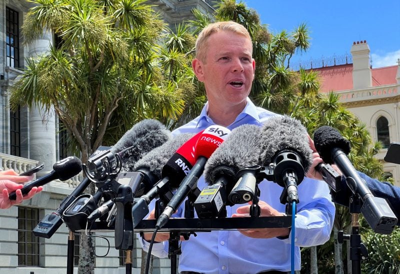Chris Hipkins speaks to members of the media, after being confirmed as the only nomination to replace Jacinda Ardern as leader of the Labour Party, outside New Zealand's parliament in Wellington, New Zealand January 21 2023. REUTERS/Lucy Craymer