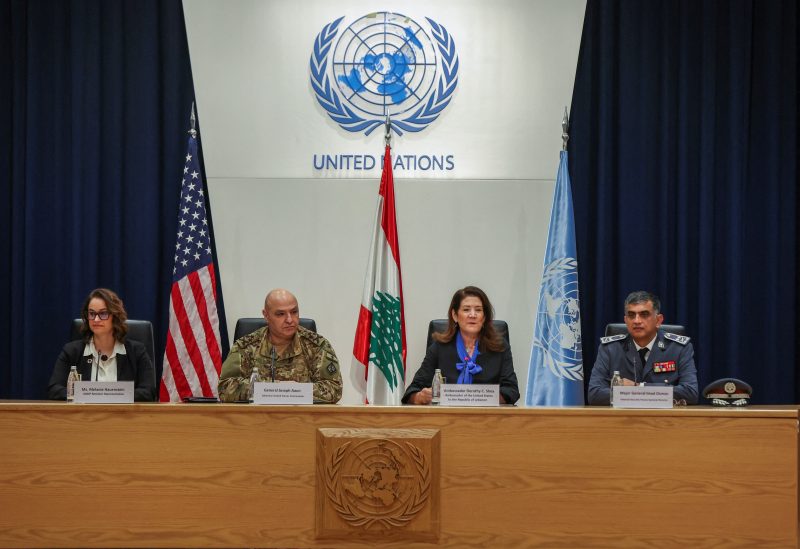 United Nations Development Programme (UNDP) Resident Representative in Lebanon Melanie Hauenstein, Lebanon's Army Chief General Joseph Aoun, U.S. Ambassador to Lebanon Dorothy Shea and Director General of Internal Security Forces (ISF) Major General Imad Osman attend a news conference to launch a Livelihood Support Program for the Lebanese army and ISF hosted by the UNDP in partnership with the U.S. Embassy in Beirut, at the U.N. headquarters in Beirut, Lebanon January 25, 2023. REUTERS/Mohamed Azakir