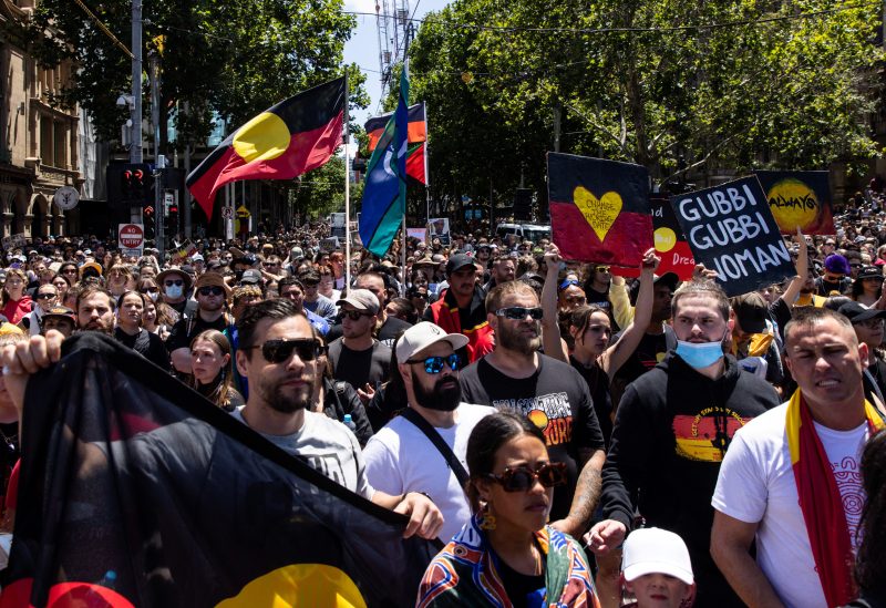 People participate in the 'Invasion Day' rally in Melbourne, January 26, 2023. AAP Image/Diego Fedele via REUTERS