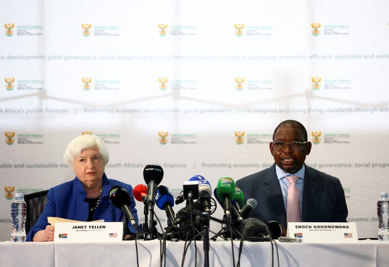 U.S. Treasury Secretary Janet Yellen and South Africa's Finance Minister Enoch Godongwana attend media briefing ahead of bilateral talks, at the treasury offices in Pretoria, South Africa, January 26, 2023. REUTERS/Siphiwe Sibeko