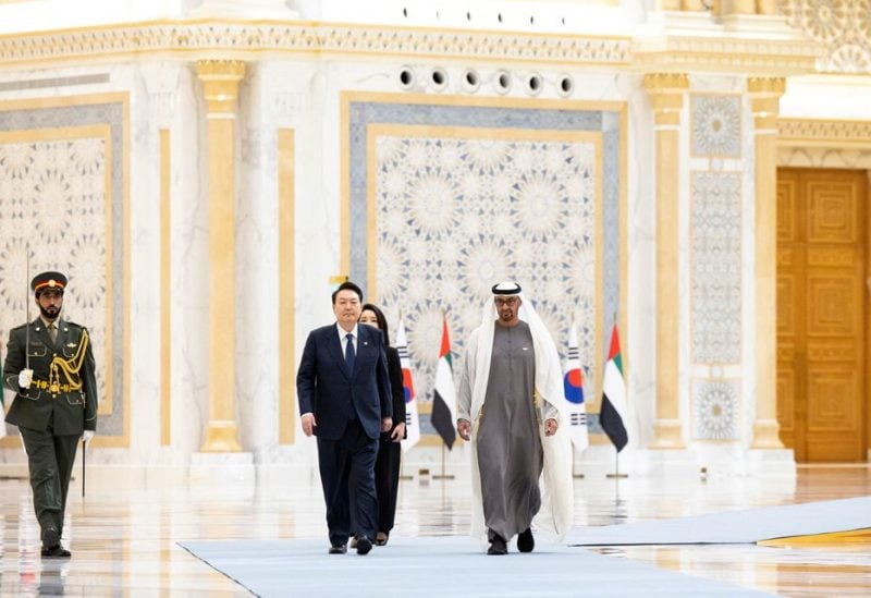 Sheikh Mohamed bin Zayed Al Nahyan, President of the United Arab Emirates, receives Yoon Suk Yeol, President of South Korea, and Kim Keon-hee, First Lady of South Korea, during a state visit reception at Qasr Al Watan, Abu Dhabi, United Arab Emirates, January 15, 2023 - REUTERS