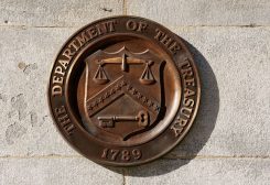 A bronze seal for the Department of the Treasury is shown at the U.S. Treasury building in Washington, U.S., January 20, 2023. REUTERS