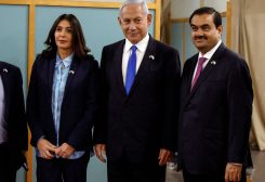 Israeli Prime Minister Benjamin Netanyahu, Transportation Minister Miri Regev and Indian billionaire Gautam Adani take part in an inauguration ceremony after the Adani Group completed the purchase of Haifa Port earlier in January 2023, in Haifa port, Israel January 31, 2023 - REUTERS