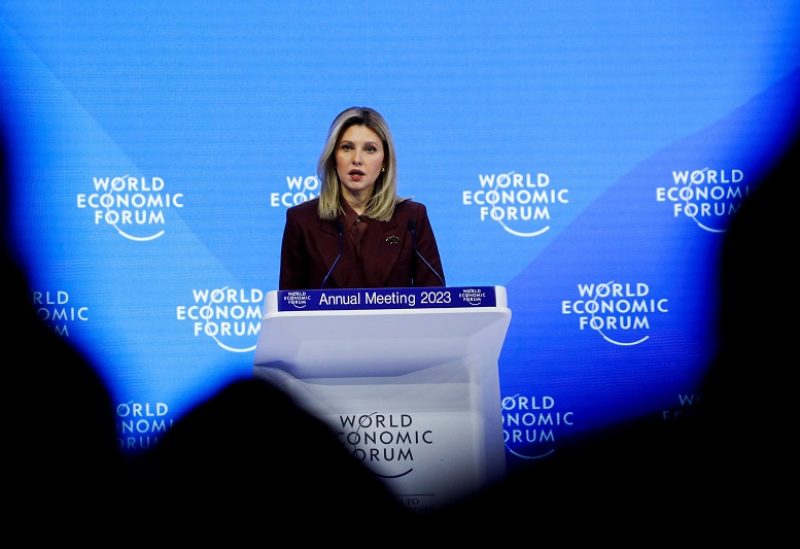 Ukraine's first lady Olena Zelenska addresses the World Economic Forum (WEF), in Davos, Switzerland, January 17, 2023. REUTERS/Arnd Wiegmann