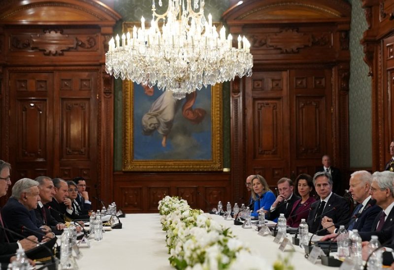 U.S. President Joe Biden and Mexican President Andres Manuel Lopez Obrador meet at the National Palace during the North American leaders summit in Mexico City, Mexico January 9, 2023. REUTERS/Kevin Lamarque