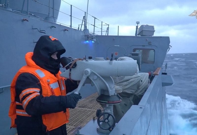 A still image from video, released by the Russian Defence Ministry, shows what it said to be frigate 'Admiral of the Fleet of the Soviet Union Gorshkov' armed with hypersonic cruise weapons during an air defence exercise in the Norwegian Sea, in an image taken from video released January 10, 2023. Russian Defence Ministry/Handout via REUTERS ATTENTION EDITORS - THIS IMAGE WAS PROVIDED BY A THIRD PARTY. NO RESALES. NO ARCHIVES. MANDATORY CREDIT. WATERMARK FROM SOURCE.