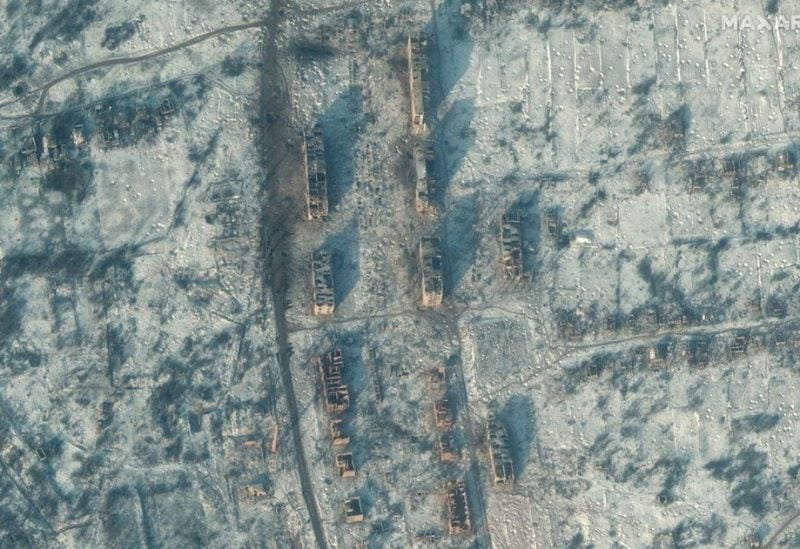 A satellite view shows destroyed apartment buildings and homes, in Soledar, Ukraine, January 10, 2023. Satellite image ?2023 Maxar Technologies./Handout via REUTERS