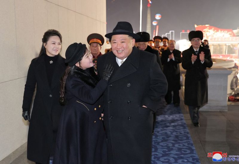 North Korean leader Kim Jong Un, his wife Ri Sol Ju and their daughter Kim Ju Ae attend a military parade to mark the 75th founding anniversary of North Korea's army, at Kim Il Sung Square in Pyongyang, North Korea February 8, 2023, in this photo released by North Korea's Korean Central News Agency (KCNA). KCNA via REUTERS