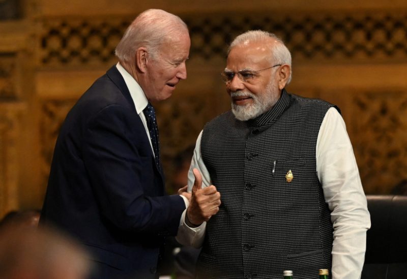 President of the U.S. Joe Biden speaks with Prime Minister of India Narendra Modi at the G20 Summit opening session in Nusa Dua, Bali, Indonesia, Tuesday, Nov. 15, 2022. PRASETYO UTOMO/G20 Media Center/Handout via REUTERS THIS IMAGE HAS BEEN SUPPLIED BY A THIRD PARTY. MANDATORY CREDIT./File Photo