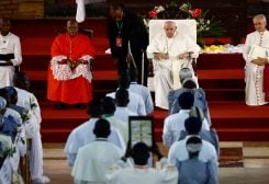 Pope Francis attends a meeting with priests, deacons, consecrated persons and seminarians at the Our Lady of the Congo Cathedral during his apostolic journey, in Kinshasa, Democratic Republic of Congo, February 2, 2023. REUTERS/Yara Nardi