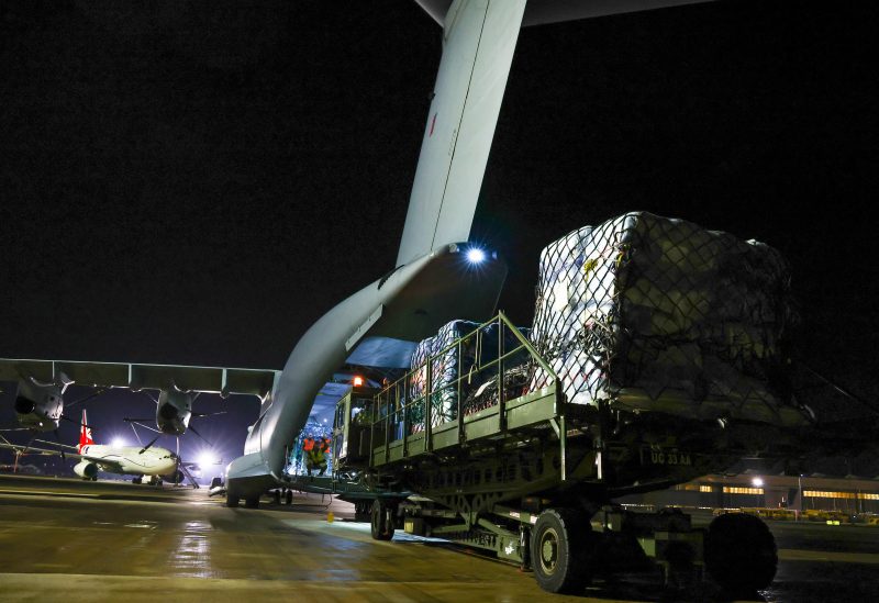 Flight RR4980 RAF A400M was loaded with UK Humanitarian Aid for the onward journey in support of the earthquake in Kahramanmaras, Turkey February 9, 2023 - REUTERS