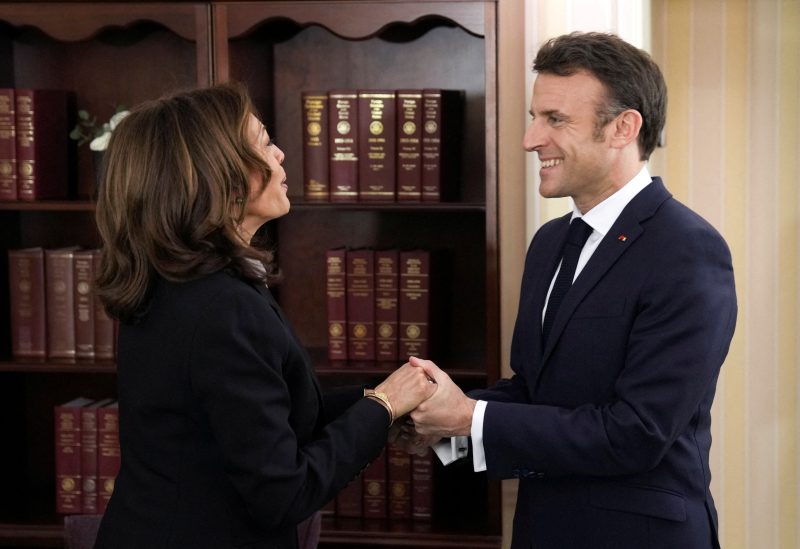 U.S. Vice President Kamala Harris meets with French President Emmanuel Macron at the bilateral meeting at the Munich Security Conference in Munich, Germany February 17, 2023. Michael Probst/Pool via REUTERS/File Photo