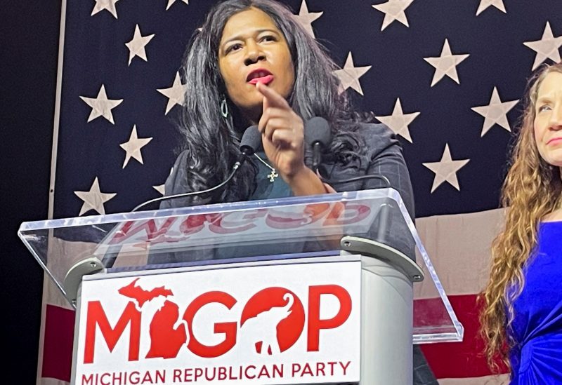 Kristina Karamo, a candidate for the Michigan Republican Party's state party chair, speaks to delegates ahead of their vote on the key party leadership position, in Lansing, Michigan, U.S., February 18, 2023. REUTERS/Nathan Layne