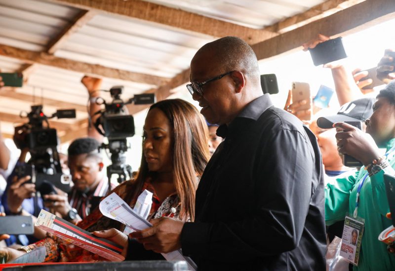 Labour Party (LP) Presidential candidate, Peter Obi, casts his ballot at a polling unit to cast his vote during Nigeria's presidential election in his hometown in Agulu, Anambra state, Nigeria February 25, 2023. REUTERS