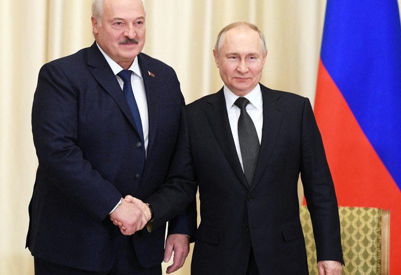 Russian President Vladimir Putin shakes hands with Belarusian President Alexander Lukashenko during a meeting at the Novo-Ogaryovo state residence outside Moscow, Russia February 17, 2023. Sputnik/Vladimir Astapkovich/Kremlin via REUTERS