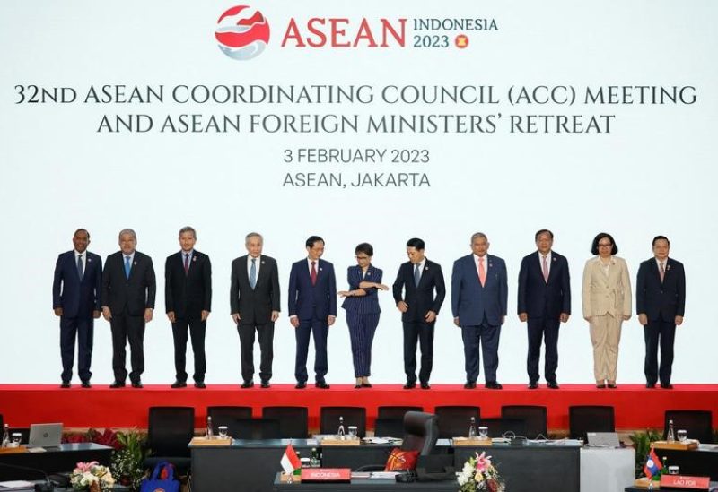 Indonesian Foreign Minister Retno Marsudi and Foreign Ministers of the Association of South East Asian Nations (ASEAN), including East Timor's Minister of Foreign Affairs and Cooperation Adaljiza Magno prepare to pose for group photos during the 32nd ASEAN Coordinating Council (ACC) meeting at the ASEAN Secretariat in Jakarta, Indonesia, February 3, 2023. REUTERS/Willy Kurniawan