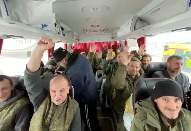 A still image from video, released by Russia's Defence Ministry, shows what it said to be captured Russian service personnel in a bus following the latest exchange of prisoners of war at an unknown location in the course of Russia-Ukraine conflict, in this image taken from handout footage released February 4, 2023. Russian Defence Ministry/Handout via REUTERS