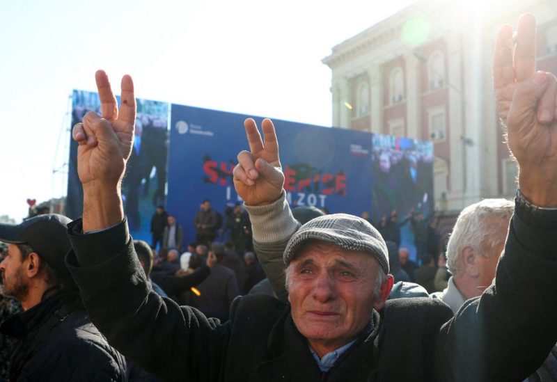 A person gestures during an anti-government protest in Tirana, Albania, February 11, 2023. REUTERS