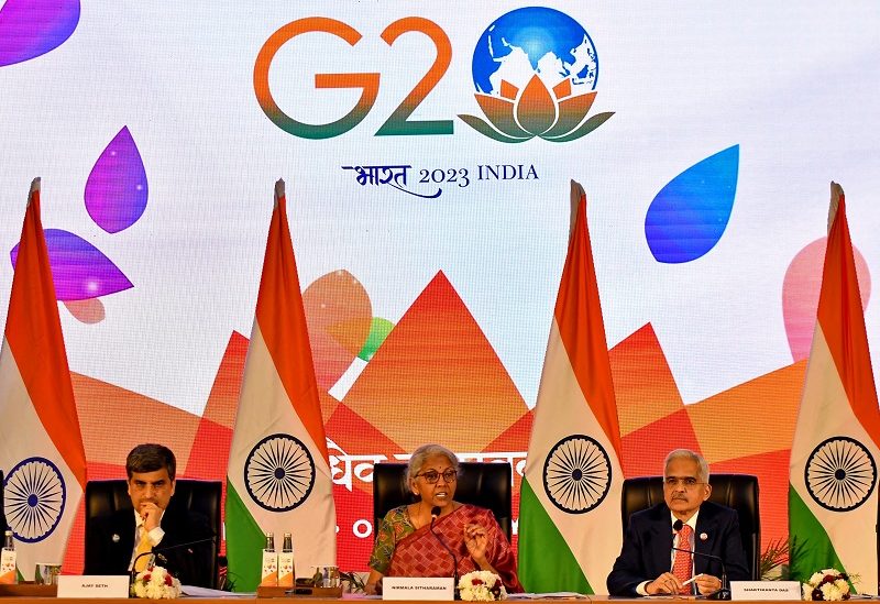 India's Finance Minister Nirmala Sitharaman speaks, as economic affairs secretary Ajay Seth and Reserve Bank of India (RBI) Governor Shaktikanta Das look on, during a news conference at the end of G20 finance ministers' and Central Bank governors' meeting on the outskirts of Bengaluru, India, February 25, 2023. REUTERS/Samuel Rajkumar