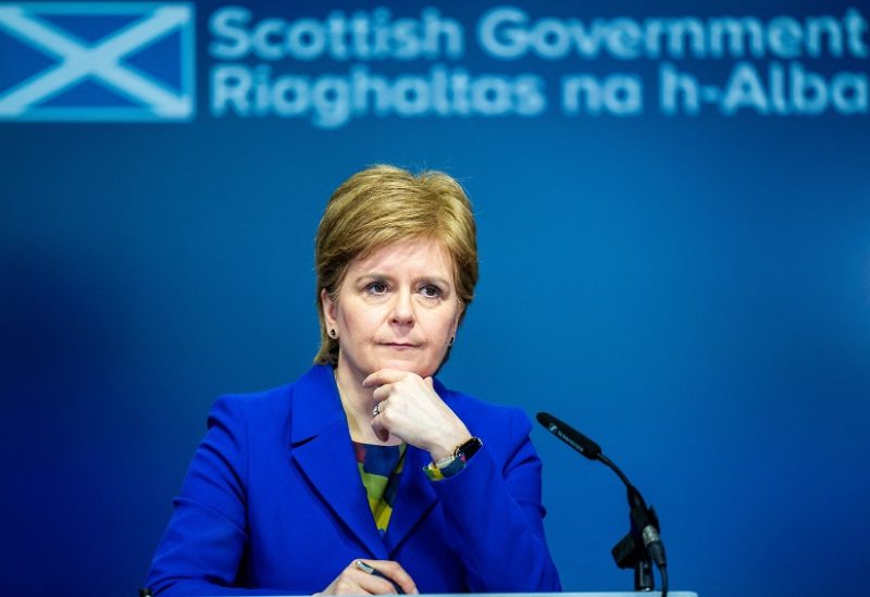 FILE PHOTO: First Minister of Scotland Nicola Sturgeon reacts as she answers questions on Scottish Government issues, during a news conference at St Andrews House, in Edinburgh, Britain February 6, 2023. Jane Barlow/PA Wire/Pool via REUTERS/File Photo
