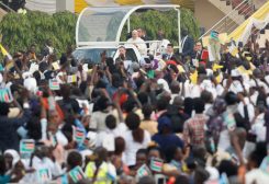 Pope Francis arrives to celebrate the Holy Mass at John Garang Mausoleum during his apostolic journey, in Juba, South Sudan, February 5, 2023. REUTERS