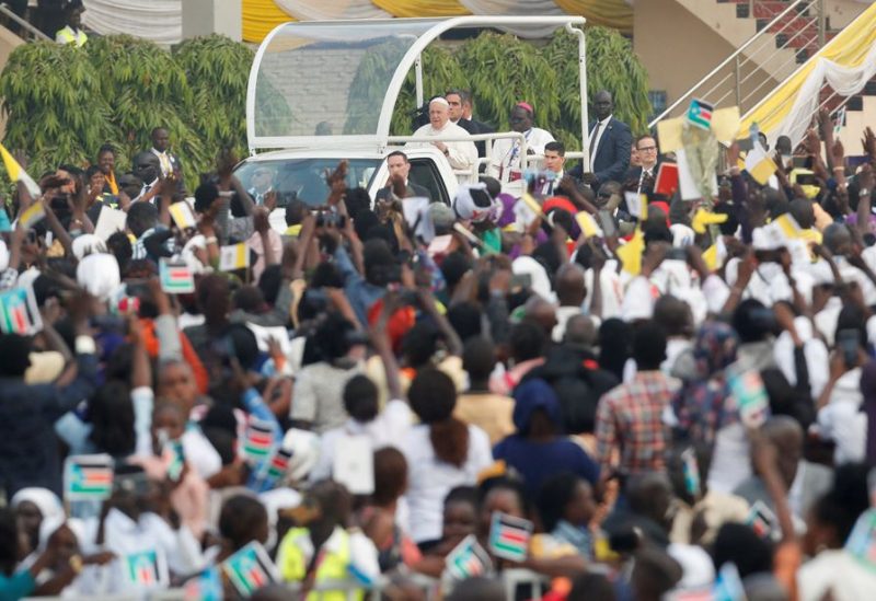 Pope Francis arrives to celebrate the Holy Mass at John Garang Mausoleum during his apostolic journey, in Juba, South Sudan, February 5, 2023. REUTERS