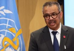 Director-General of the World Health Organisation (WHO) Dr. Tedros Adhanom Ghebreyesus gives a statement with German Health Minister Karl Lauterbach (not pictured) in Geneva, Switzerland, February 2, 2023. REUTERS/Denis Balibouse