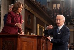 President Joe Biden talks with Vice President Kamala Harris after the State of the Union address to a joint session of Congress at the Capitol, Tuesday, Feb. 7, 2023, in Washington. Jacquelyn Martin/Pool via REUTERS