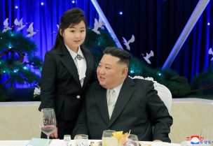 North Korean leader Kim Jong Un talks with his daughter Kim Ju Ae at a banquet to celebrate the 75th anniversary of the Korean People's Army the following day, in Pyongyang, North Korea February 7, 2023 in this photo released February 8, 2023 by North Korea's Korean Central News Agency (KCNA). KCNA via REUTERS ATTENTION EDITORS - THIS IMAGE WAS PROVIDED BY A THIRD PARTY. REUTERS IS UNABLE TO INDEPENDENTLY VERIFY THIS IMAGE. NO THIRD PARTY SALES. SOUTH KOREA OUT. NO COMMERCIAL OR EDITORIAL SALES IN SOUTH KOREA.