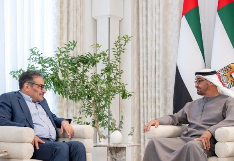 President of the United Arab Emirates Sheikh Mohamed bin Zayed Al Nahyan meets with Iran's top security official Ali Shamkhani, in Abu Dhabi, United Arab Emirates, March 16, 2023. (WAM)