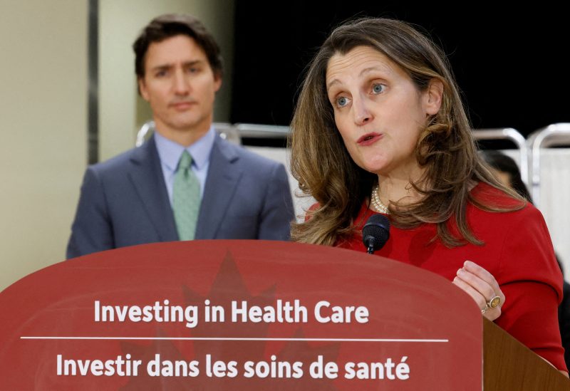 Canada's Deputy Prime Minister and Minister of Finance Chrystia Freeland, with Prime Minister Justin Trudeau, takes part in a news conference after touring a medical training facility in Ottawa, Ontario, Canada, February 7, 2023. REUTERS