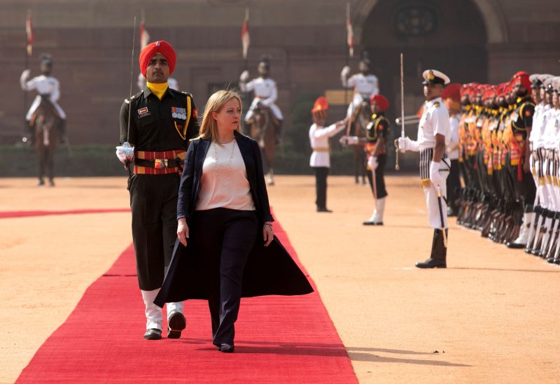 Italian Prime Minister Giorgia Meloni inspects a guard of honour during her ceremonial reception at the forecourt of India's Presidential Palace Rashtrapati Bhavan in New Delhi, India, March 2, 2023. REUTERS/Altaf Hussain