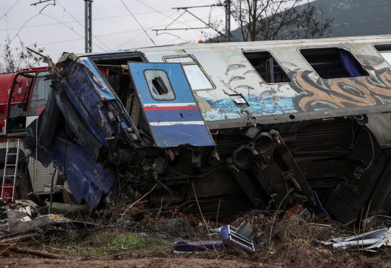 A destroyed carriage is seen on the site of a crash, where two trains collided, near the city of Larissa, Greece, March 3, 2023. REUTERS/Alexandros Avramidis