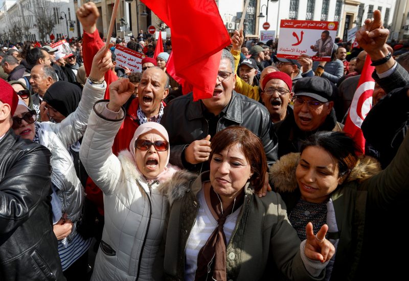 Supporters of the Tunisian General Labour Union (UGTT) protest against President Kais Saied, accusing him of trying to stifle basic freedoms, including union rights, in Tunis, Tunisia March 4, 2023. REUTERS/Zoubeir Souissi