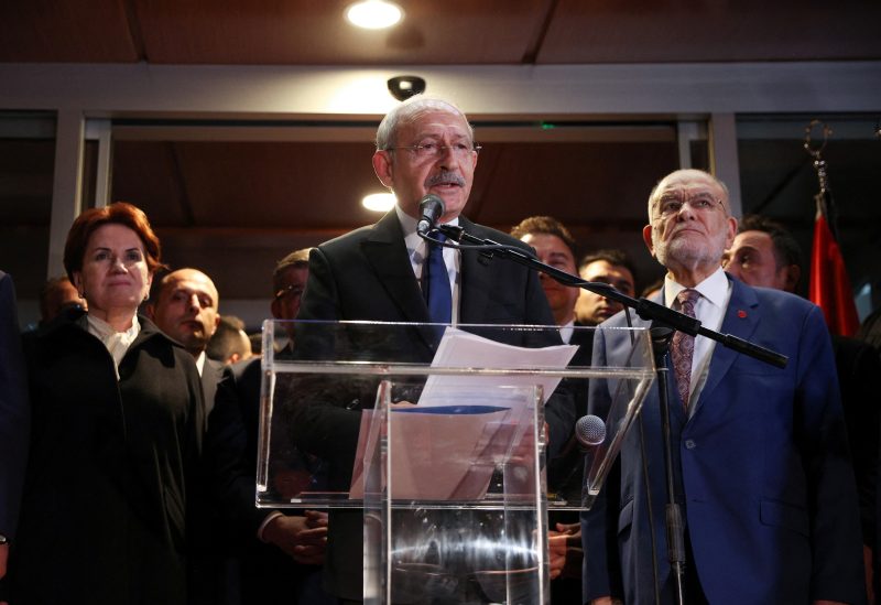 Turkey's main opposition Republican People's Party (CHP) leader Kemal Kilicdaroglu, accompanied by IYI Party leader Meral Aksener and Felicity Party leader Temel Karamollaoglu, talks to media following a meeting of the opposition alliance in Ankara, Turkey March 6, 2023 - REUTERS